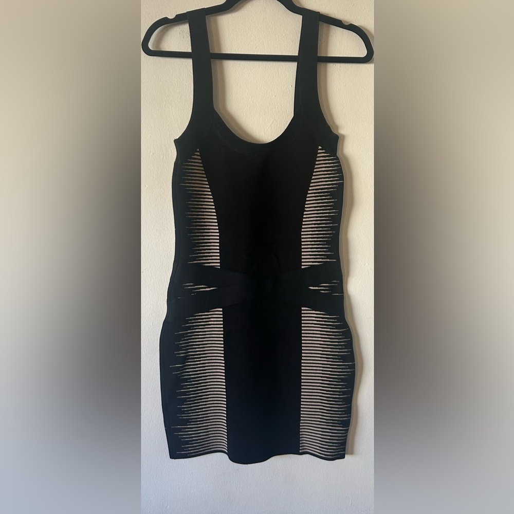 Marciano Black and Beige Body Con Bandage Mini Dress